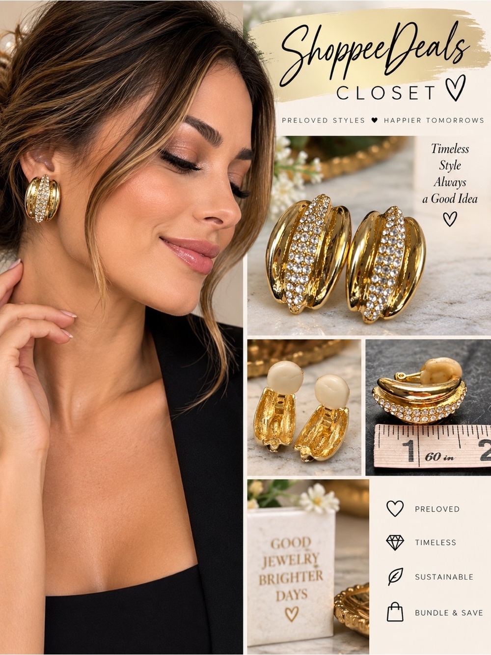 Gold Tone Rhinestone Curved Clip-On Earrings